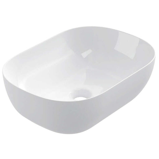 Lavabo sobre encimera modelo Leven en cerámica blanca con diseño elegante y bordes curvados, dimensiones 455x325x135 mm.